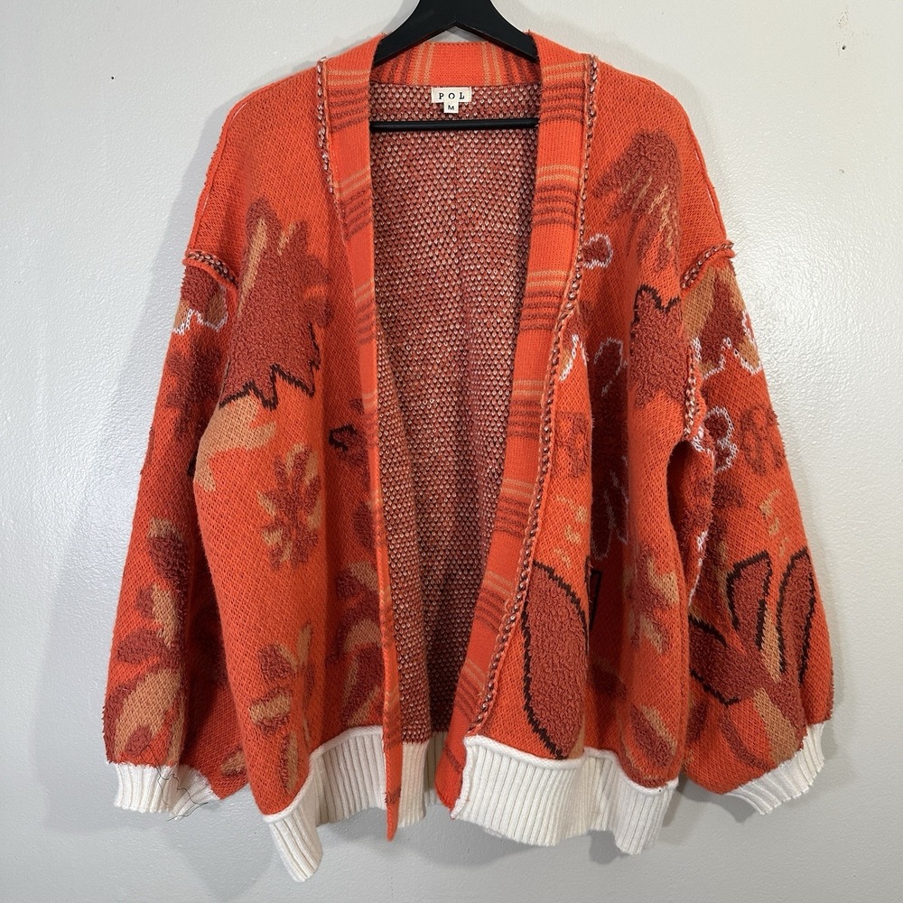 POL Women's M Open Front Floral Sweater Orange